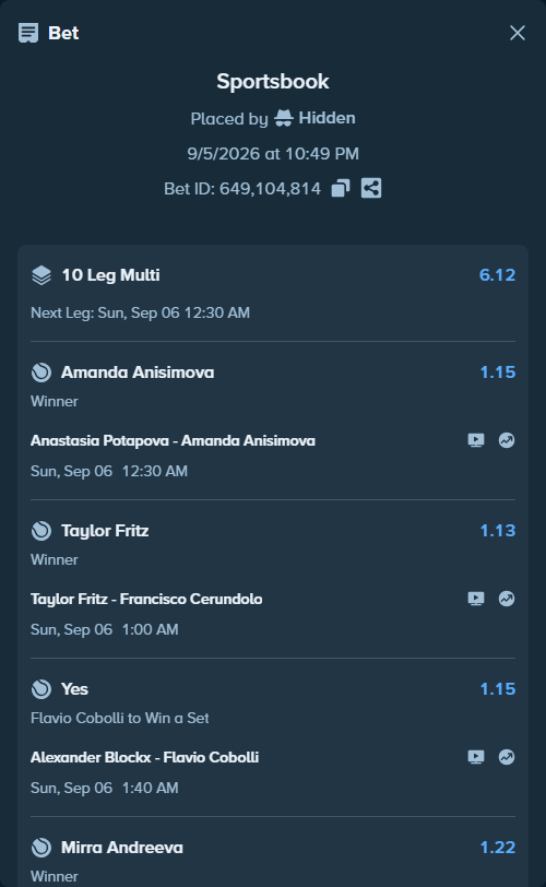 Bet slip: Karen Khachanov - Benjamin Bonzi, $18,157.13 stake at 1.45 odds, placed by Hidden