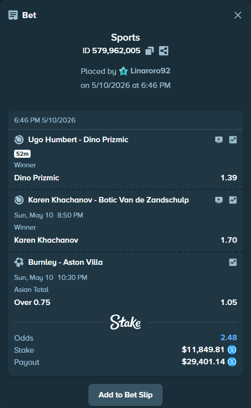 Bet slip: Karen Khachanov - Botic Van de Zandschulp, $11,849.81 stake at 1.70 odds, placed by Linaroro92