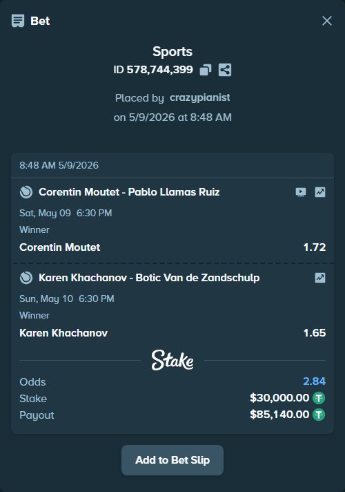 Bet slip: Karen Khachanov - Botic Van de Zandschulp, $30,000.00 stake at 1.65 odds, placed by crazypianist