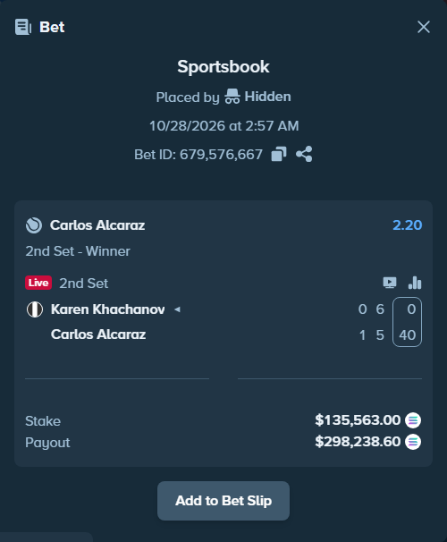Bet slip: Karen Khachanov - Carlos Alcaraz, $135,662.36 stake at 2.20 odds, placed by Prettylfacko98