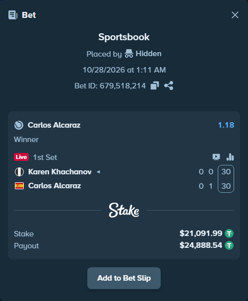 Bet slip: Karen Khachanov - Carlos Alcaraz, $21,113.08 stake at 1.18 odds, placed by Hidden