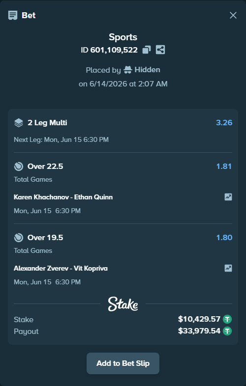 Bet slip: Karen Khachanov - Ethan Quinn, $10,440.00 stake at 1.81 odds, placed by Hidden