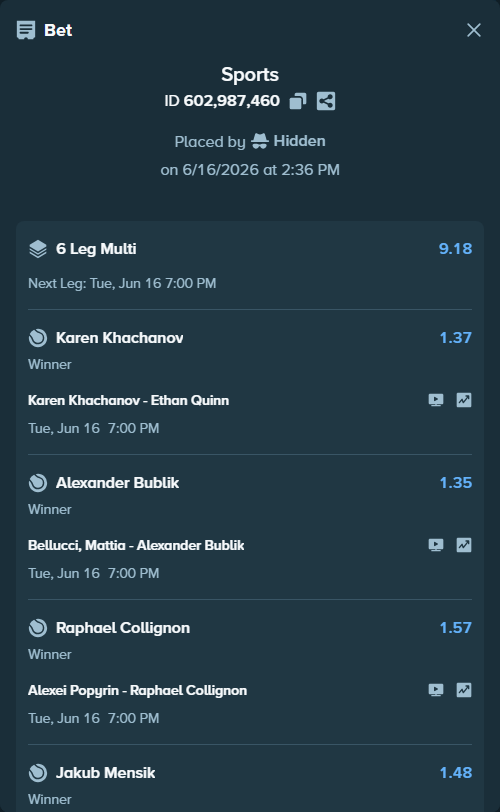 Bet slip: Karen Khachanov - Ethan Quinn, $25,025.00 stake at 1.37 odds, placed by Hidden