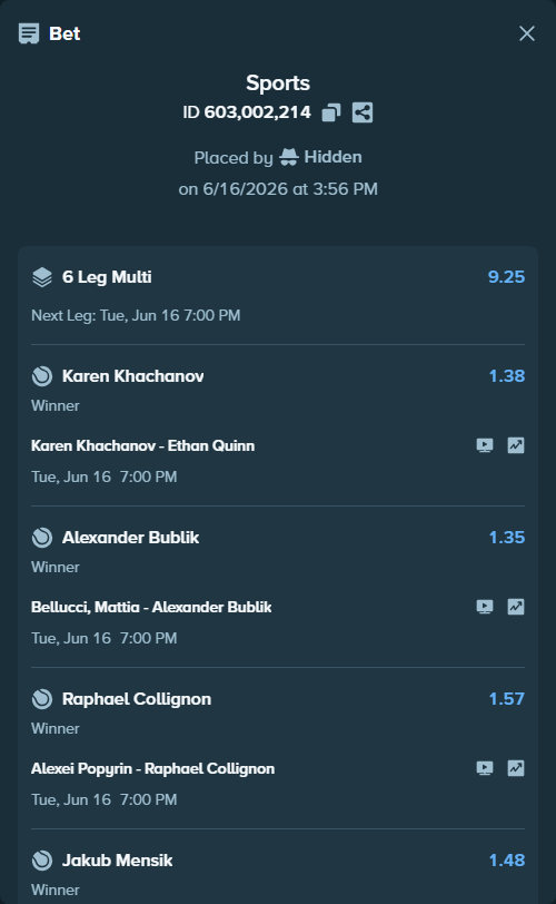 Bet slip: Karen Khachanov - Ethan Quinn, $30,000.00 stake at 1.38 odds, placed by Hidden
