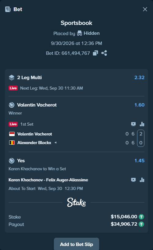 Bet slip: Karen Khachanov - Felix Auger-Aliassime, $15,046.00 stake at 1.45 odds, placed by Hidden