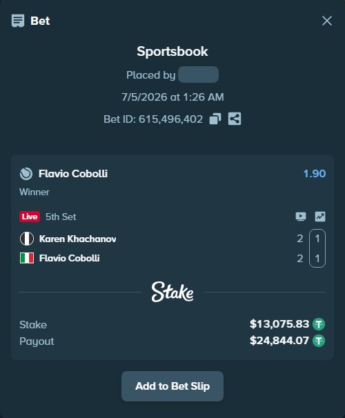 Bet slip: Karen Khachanov - Flavio Cobolli, $13,088.90 stake at 1.90 odds, placed by 가보자이잇