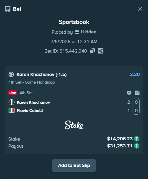 Bet slip: Karen Khachanov - Flavio Cobolli, $14,220.44 stake at 2.20 odds, placed by Hidden
