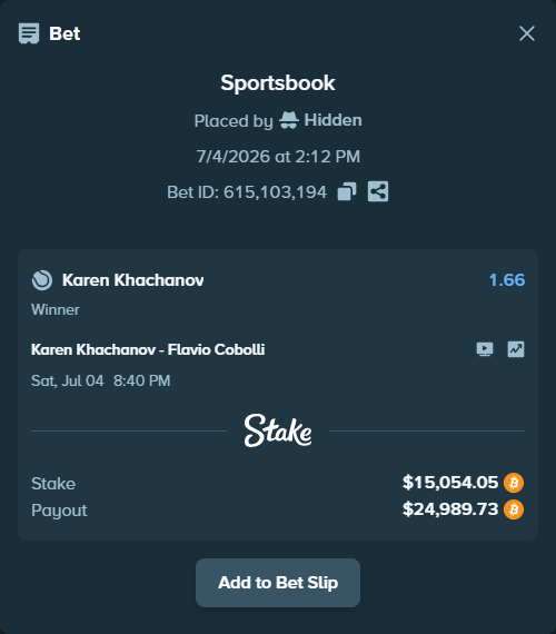 Bet slip: Karen Khachanov - Flavio Cobolli, $15,101.47 stake at 1.66 odds, placed by Hidden