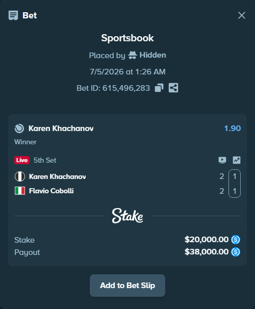 Bet slip: Karen Khachanov - Flavio Cobolli, $20,000.00 stake at 1.90 odds, placed by Hidden
