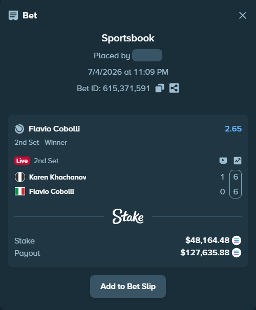 Bet slip: Karen Khachanov - Flavio Cobolli, $48,647.57 stake at 2.65 odds, placed by Prettylfacko98
