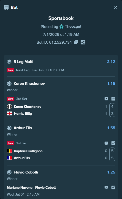 Bet slip: Karen Khachanov - Harris, Billy, $13,220.73 stake at 1.15 odds, placed by Theozynt