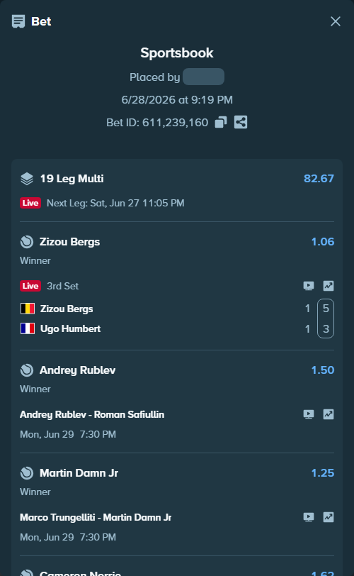 Bet slip: Karen Khachanov - Harris, Billy, $26,481.12 stake at 1.31 odds, placed by Prettylfacko98