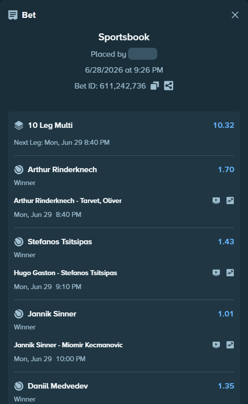 Bet slip: Karen Khachanov - Harris, Billy, $65,309.86 stake at 1.31 odds, placed by Prettylfacko98