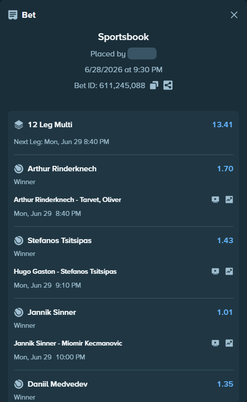 Bet slip: Karen Khachanov - Harris, Billy, $65,310.71 stake at 1.31 odds, placed by Prettylfacko98