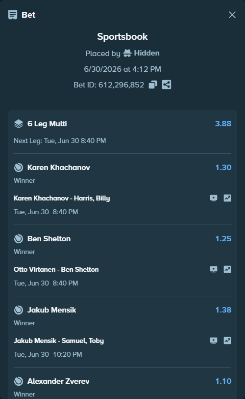 Bet slip: Karen Khachanov - Harris, Billy, $70,000.00 stake at 1.30 odds, placed by Hidden