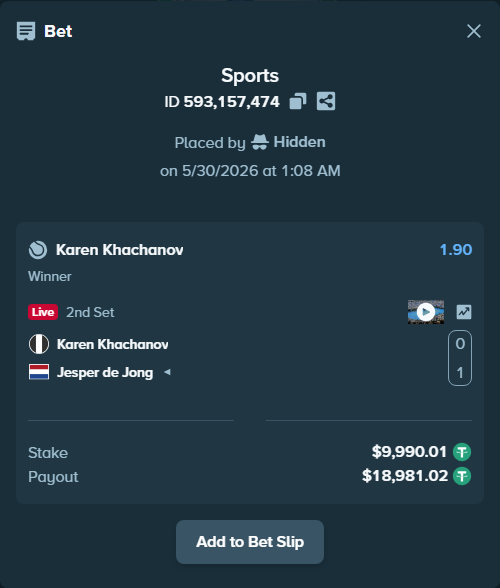 Bet slip: Karen Khachanov - Jesper de Jong, $10,000.00 stake at 1.90 odds, placed by Regenergy