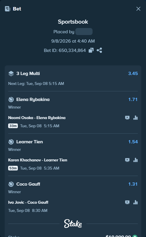 Bet slip: Karen Khachanov - Learner Tien, $10,000.00 stake at 1.54 odds, placed by Davidbushel1