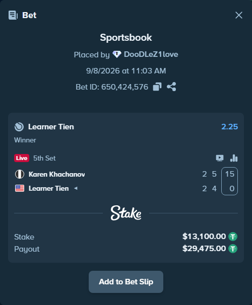 Bet slip: Karen Khachanov - Learner Tien, $13,100.00 stake at 2.25 odds, placed by DooDLeZ1love