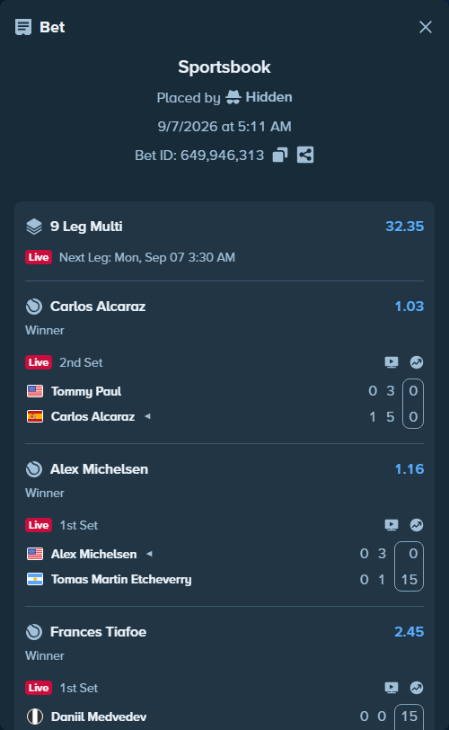 Bet slip: Karen Khachanov - Learner Tien, $13,470.00 stake at 1.54 odds, placed by Hidden