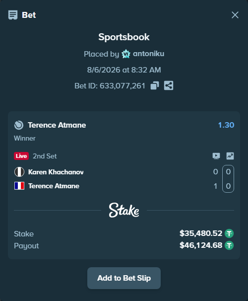Bet slip: Karen Khachanov - Terence Atmane, $35,516.00 stake at 1.30 odds, placed by antoniku