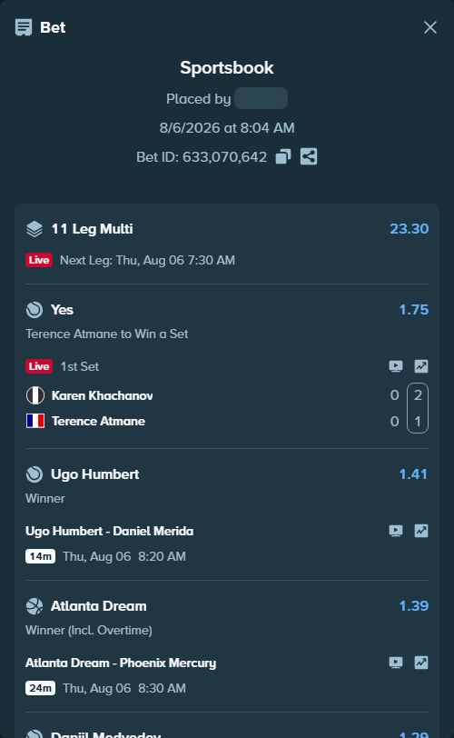 Bet slip: Karen Khachanov - Terence Atmane, $80,067.46 stake at 1.75 odds, placed by Prettylfacko98