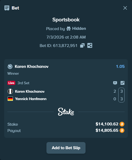 Bet slip: Karen Khachanov - Yannick Hanfmann, $14,429.57 stake at 1.05 odds, placed by Hidden