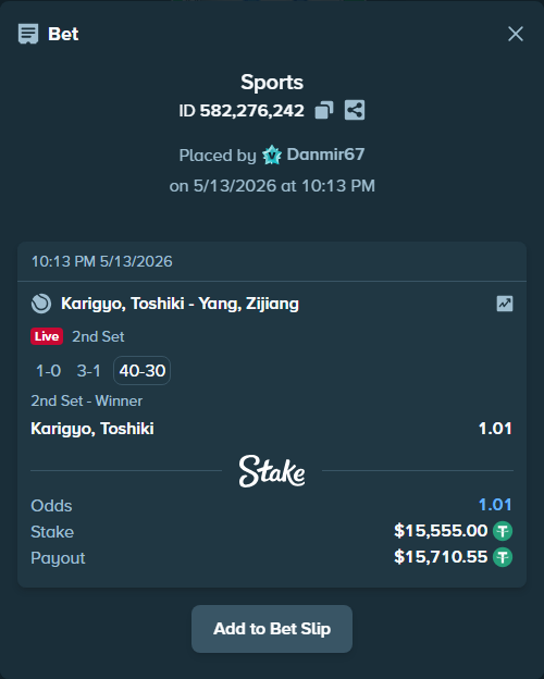 Bet slip: Karigyo, Toshiki - Yang, Zijiang, $15,555.00 stake at 1.01 odds, placed by Danmir67