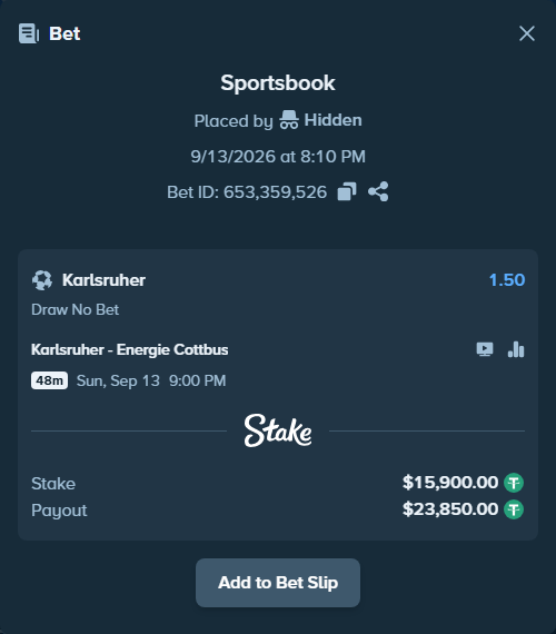 Bet slip: Karlsruher - Energie Cottbus, $15,900.00 stake at 1.50 odds, placed by Hidden