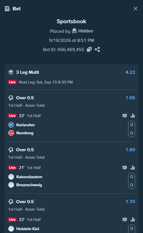 Bet slip: Karlsruher - Nurnberg, $10,252.84 stake at 1.55 odds, placed by Hidden