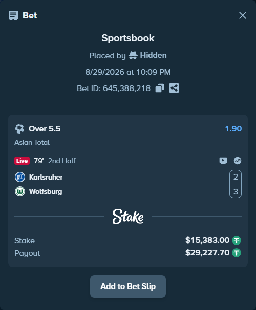 Bet slip: Karlsruher - Wolfsburg, $15,383.00 stake at 1.90 odds, placed by Hidden