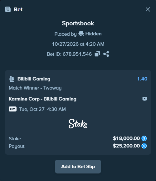 Bet slip: Karmine Corp - Bilibili Gaming, $18,000.00 stake at 1.40 odds, placed by AdrewTate