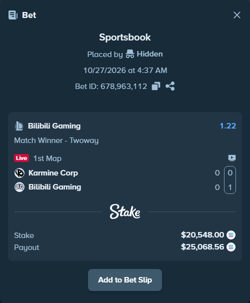 Bet slip: Karmine Corp - Bilibili Gaming, $20,435.91 stake at 1.22 odds, placed by Hidden
