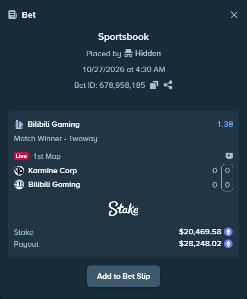Bet slip: Karmine Corp - Bilibili Gaming, $20,438.93 stake at 1.38 odds, placed by Hidden