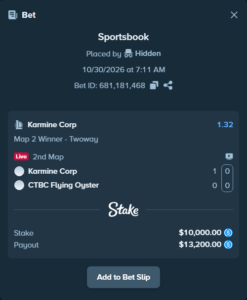 Bet slip: Karmine Corp - CTBC Flying Oyster, $10,000.00 stake at 1.32 odds, placed by pering3