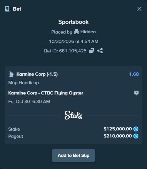 Bet slip: Karmine Corp - CTBC Flying Oyster, $125,000.00 stake at 1.68 odds, placed by Hidden