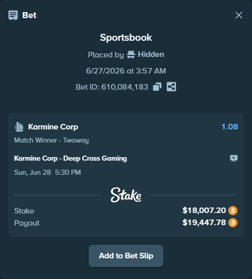 Bet slip: Karmine Corp - Deep Cross Gaming, $18,381.90 stake at 1.08 odds, placed by Hidden