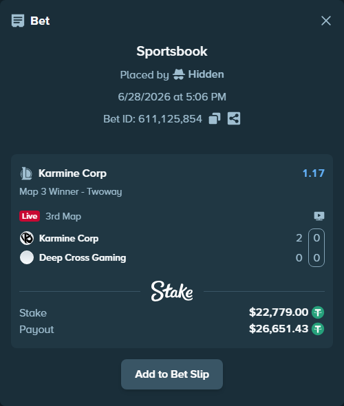 Bet slip: Karmine Corp - Deep Cross Gaming, $22,801.78 stake at 1.17 odds, placed by Hidden