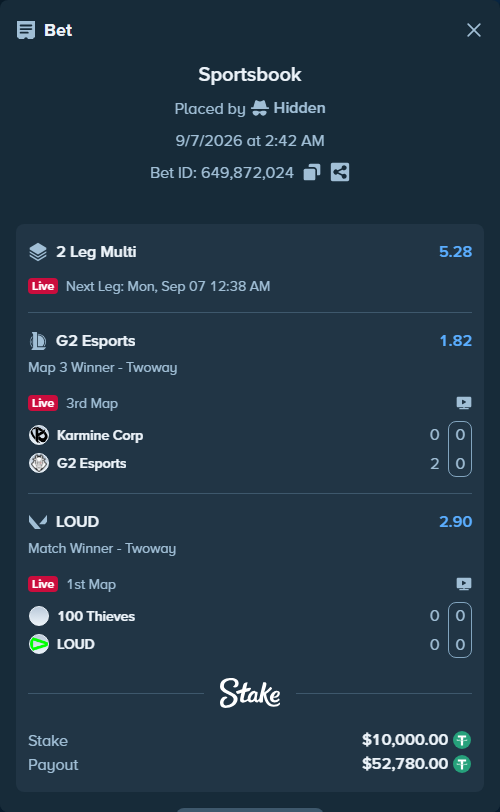 Bet slip: Karmine Corp - G2 Esports, $10,000.00 stake at 1.82 odds, placed by Hidden