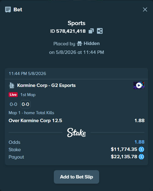 Bet slip: Karmine Corp - G2 Esports, $11,774.35 stake at 1.88 odds, placed by Hidden