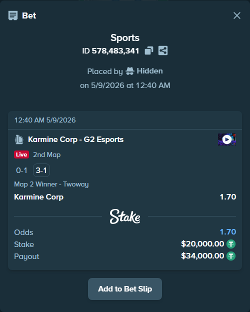 Bet slip: Karmine Corp - G2 Esports, $20,000.00 stake at 1.70 odds, placed by Hidden