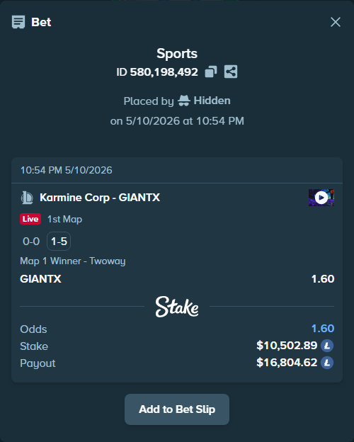 Bet slip: Karmine Corp - GIANTX, $7,970.27 stake at 1.60 odds, placed by Hidden