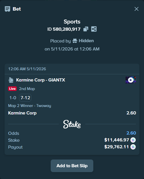 Bet slip: Karmine Corp - GIANTX, $8,894.38 stake at 2.60 odds, placed by Hidden