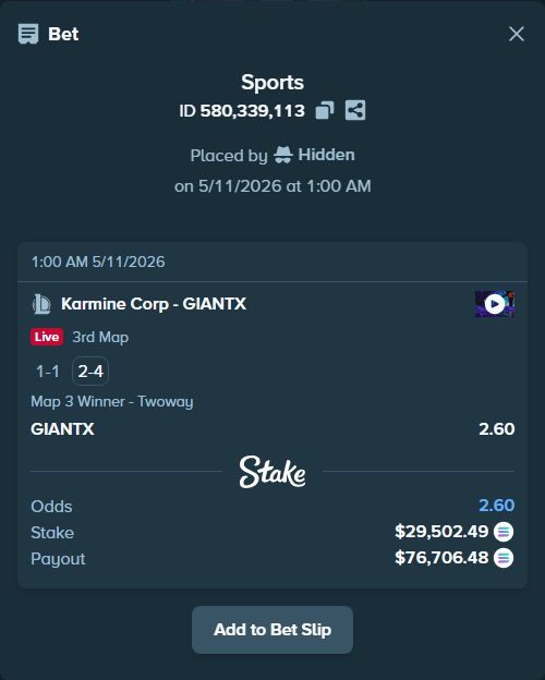 Bet slip: Karmine Corp - GIANTX, $22,859.14 stake at 2.60 odds, placed by Hidden