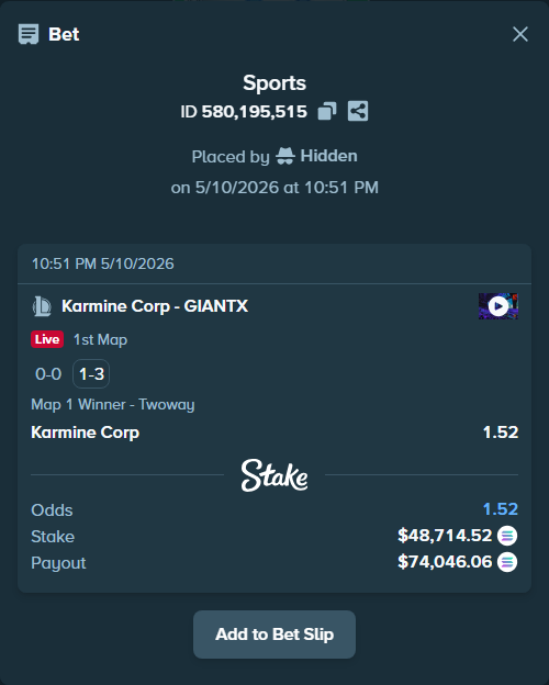 Bet slip: Karmine Corp - GIANTX, $38,064.59 stake at 1.52 odds, placed by Hidden