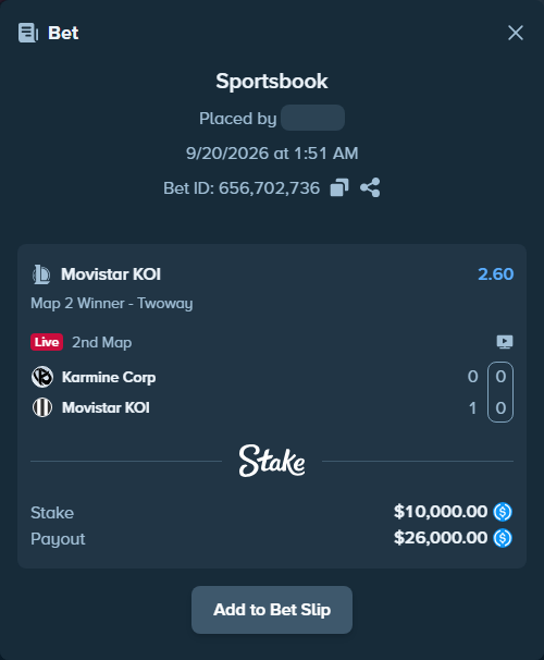 Bet slip: Karmine Corp - Movistar KOI, $10,000.00 stake at 2.60 odds, placed by oddsennuNO