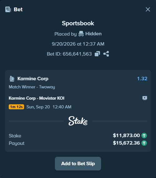 Bet slip: Karmine Corp - Movistar KOI, $11,873.00 stake at 1.32 odds, placed by Hidden