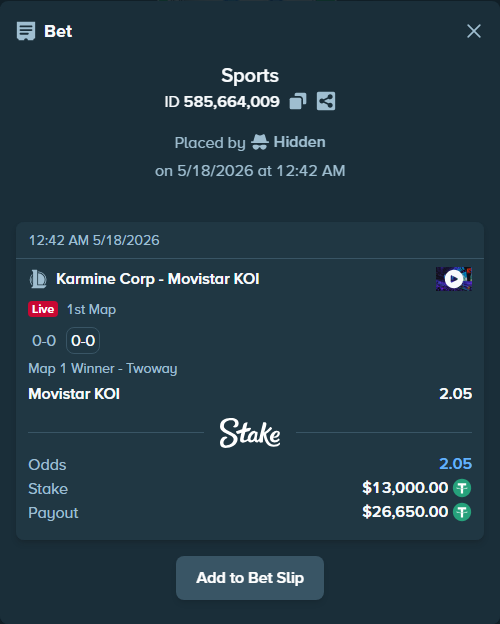Bet slip: Karmine Corp - Movistar KOI, $13,000.00 stake at 2.05 odds, placed by Hidden