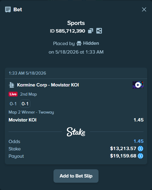 Bet slip: Karmine Corp - Movistar KOI, $13,213.57 stake at 1.45 odds, placed by Hidden