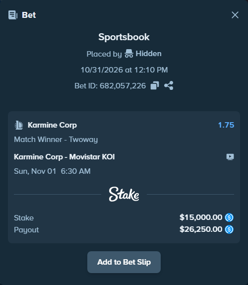 Bet slip: Karmine Corp - Movistar KOI, $15,000.00 stake at 1.75 odds, placed by reggieewellq