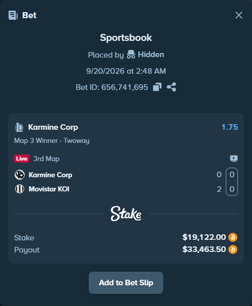 Bet slip: Karmine Corp - Movistar KOI, $19,038.24 stake at 1.75 odds, placed by Hidden